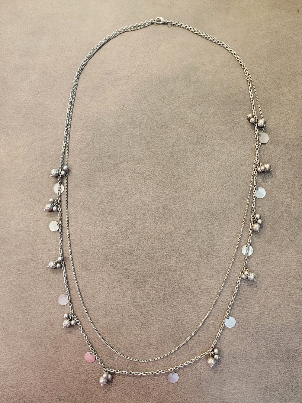 Layered Silver-Tone Disc & Floral Bead Necklace